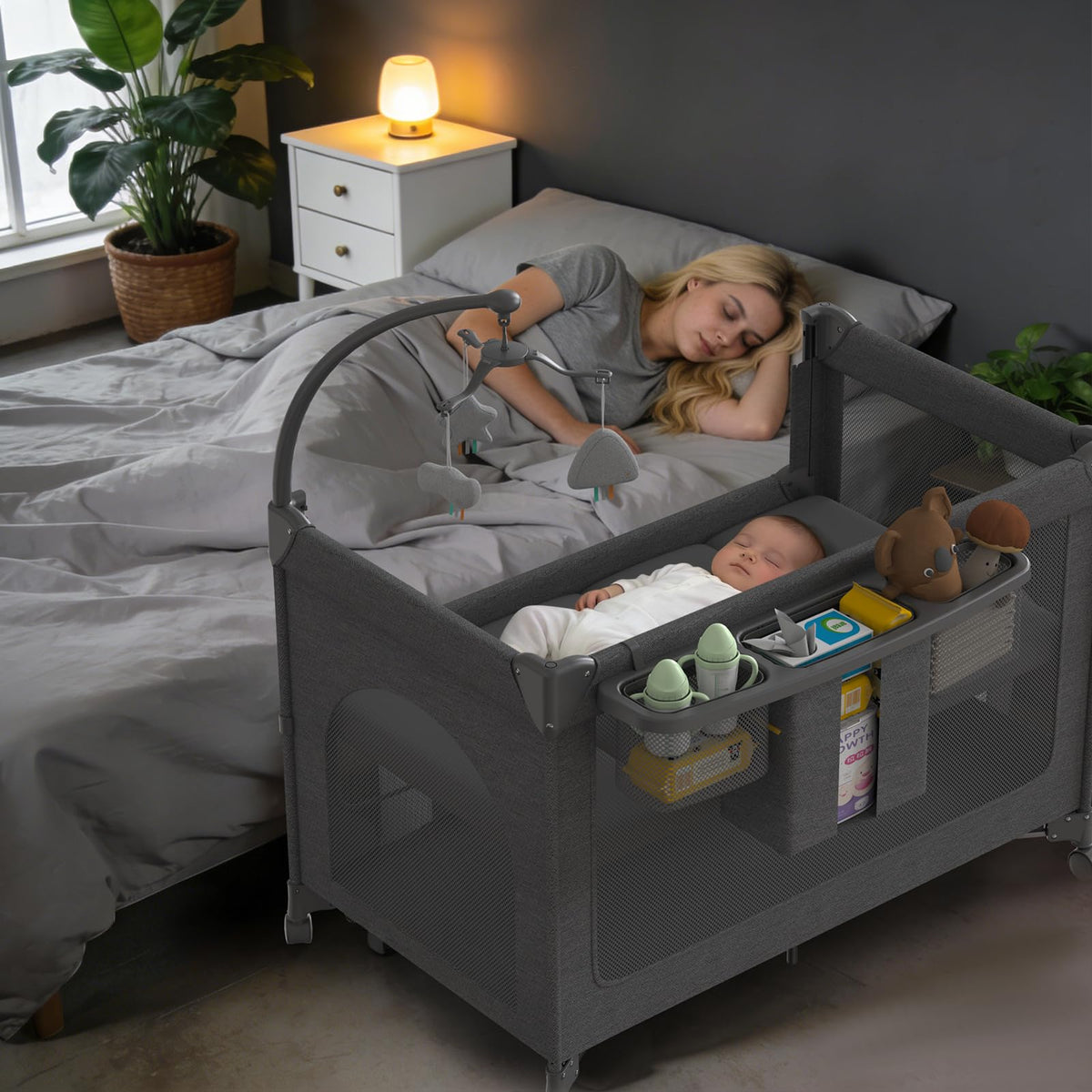 4 in 1 Baby Bassinet, Pack and Play with Mattress, Baby Crib with Wheels and Mosquito Net, Bedside Sleeper with Changing Pad, Portable Playpen Foldable Playard for Babies and Toddlers