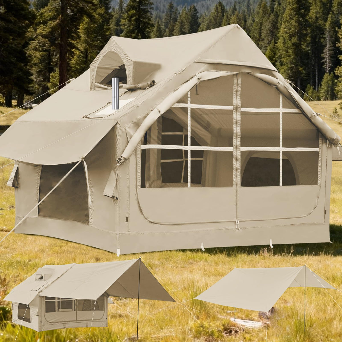 SANHOVO Inflatable Tents for Camping - Easy Blow Up Glamping Tent with Hand Pump, Hot Tent with Stove Jack Waterproof PVC Air Inflatable Tent House for Family Weekend Camping 4-6 Person 4 Season