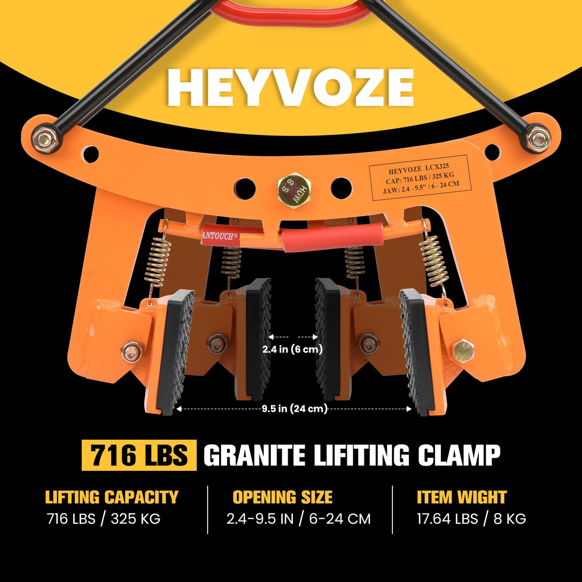 HEYVOZE 716 lbs Granite Slab Lifting Clamp, 2.4-9.5 in Opening X-Type Stone Lifting Clamp, Durable Design for Granite, Marble, and Concrete Handling