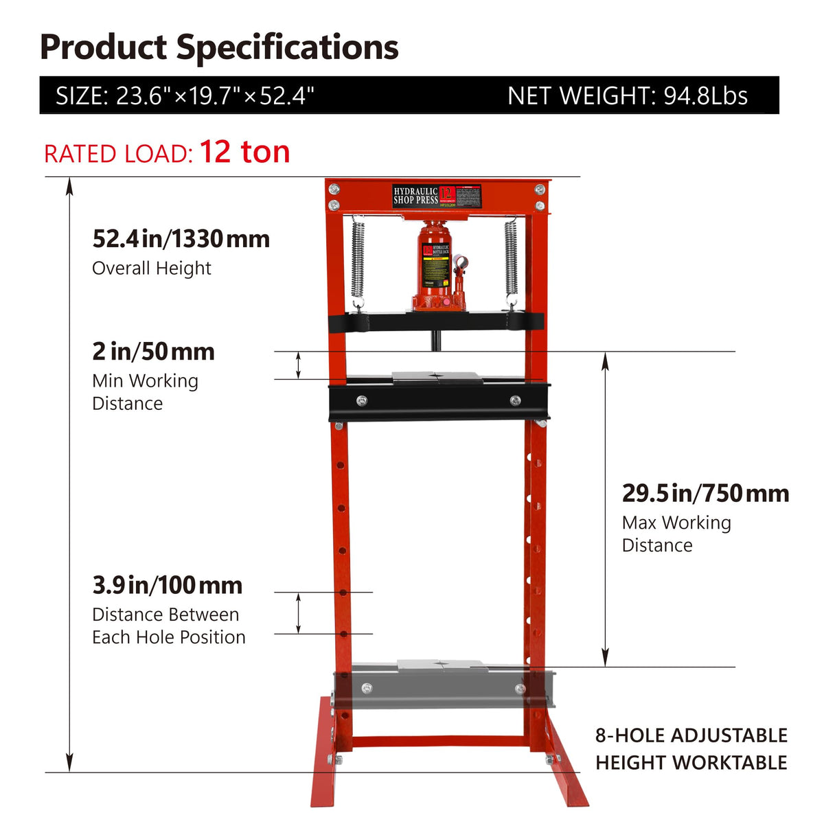PULLAFUN 12-Ton H-Frame Garage Press with Adjustable Table and Press Plates, Red