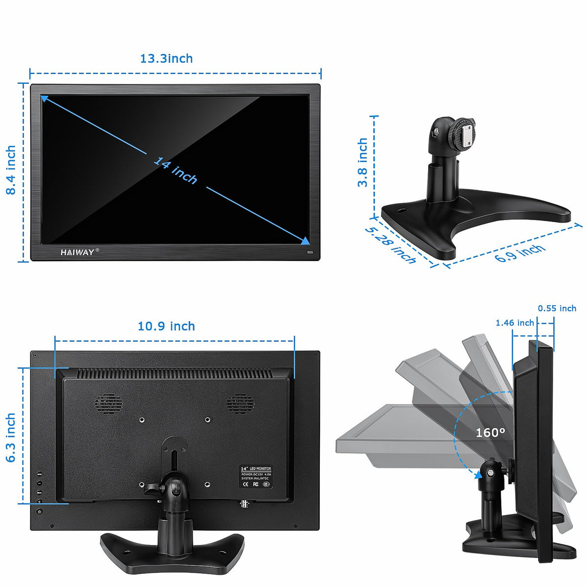 Haiway 14 Inch Security Monitor, 1366x768 Resolution Small PC Monitor Built-in Speakers with HDMI/VGA/BNC/AV Ports, Home Office Mini hdmi Monitors for Laptop, CCTV Camera, Gaming with Remote Control