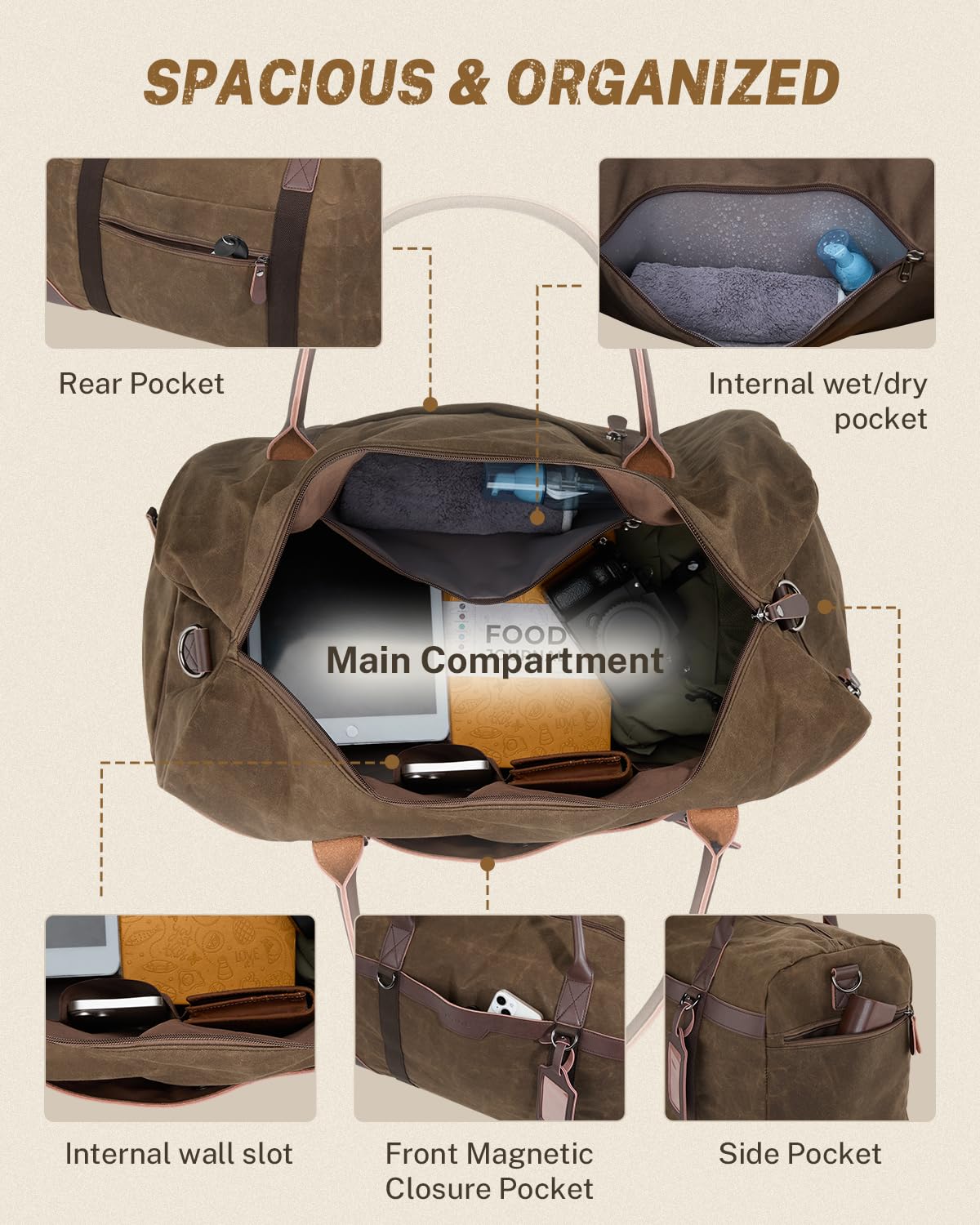 Gonex Waxed Canvas Duffle Bag for Travel, Water-resistant Vintage 55L Duffel Weekender with Shoes Compartment & Luggage Tag, Heavy-duty Overnight Bag with Suitcase Handle Sleeve for Men, Dark Brown