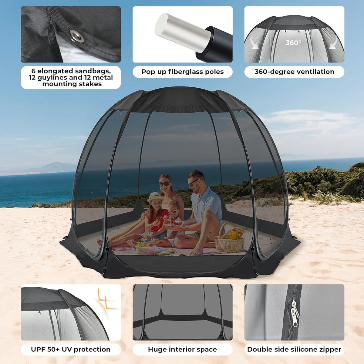 Alvantor® Pop Up House Tent, Outdoor Screen Room, Canopy Tent with UV Resistant, Easy Up Foldable Screen House for Camping Garden, Black, 10 x10 FT