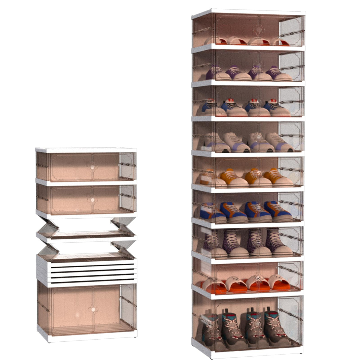 FAHKNS 9 Tier 18 Pairs Foldable Shoe Rack with Wheels, Portable Plastic Shoe Storage Cabinet with Clear Magnetic Doors Space Saving No Assembly for Entryway, Living Room, Closet