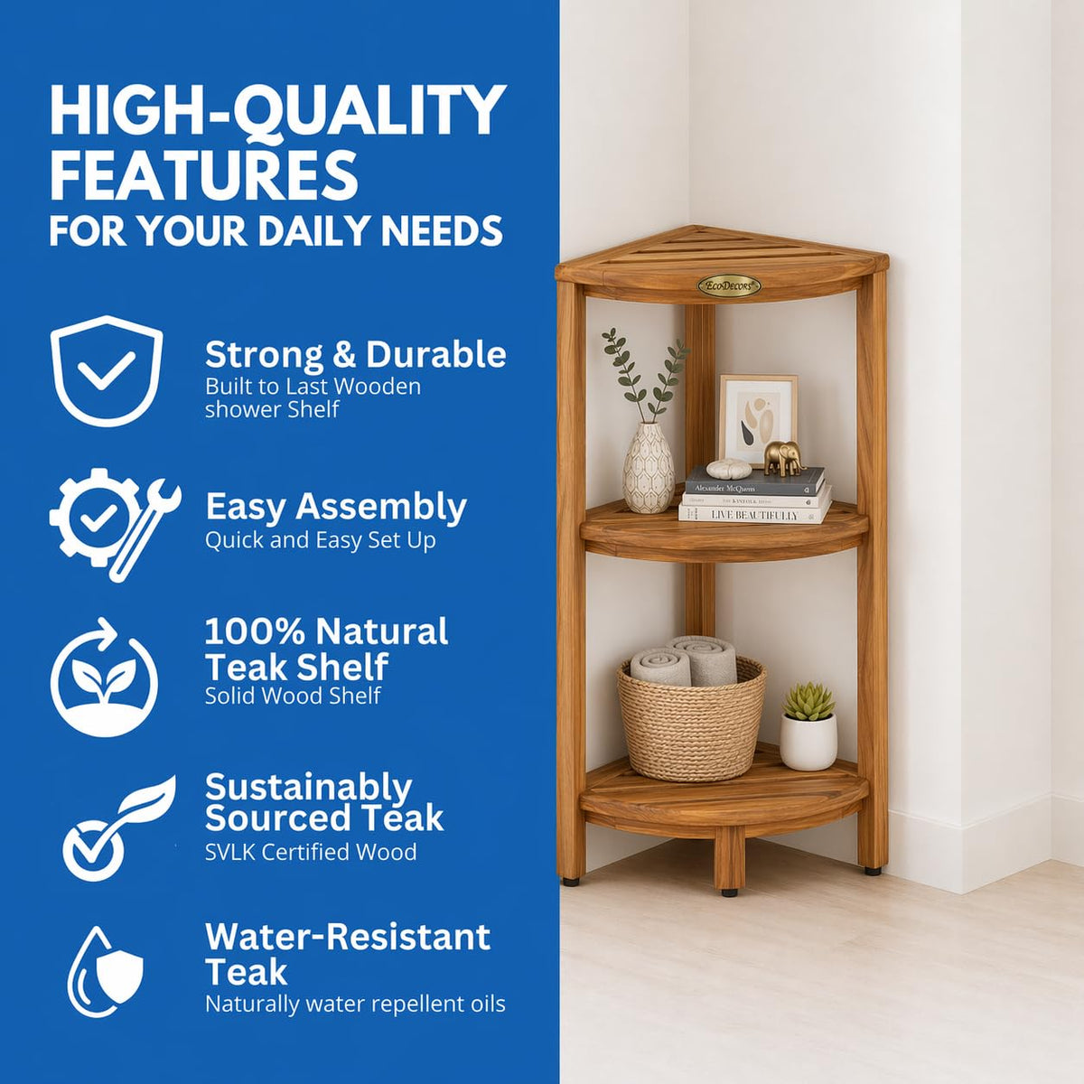 EcoDecors Snazzy Corner Gold 3 Tier Corner Shelf FSC Teak Wood Bathroom Shelf Natural Water Resistant Spa Shower Organizer for Bathroom Sauna Bath Storage 17 x 12 x 32 in