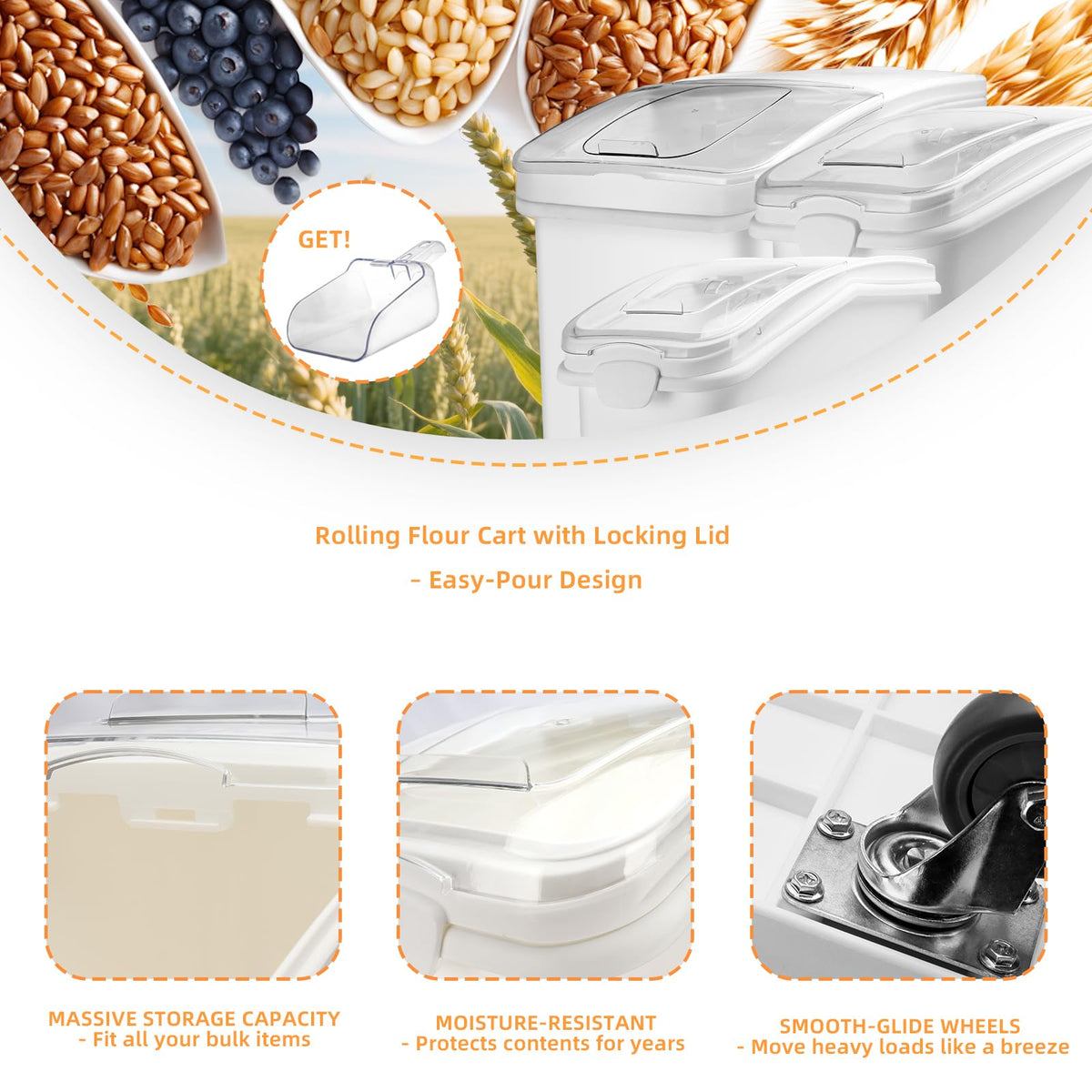 WELKOR Ingredient Storage Bin,31 Gallon Dispenser Bin with Scoop for Dry Food, Sugar, Baking Supplies,Kitchen Rice Cereal Flour Bin,BPA Free,Pet Food Storage Container,Dog Cat Birds Food (31 Gallon)