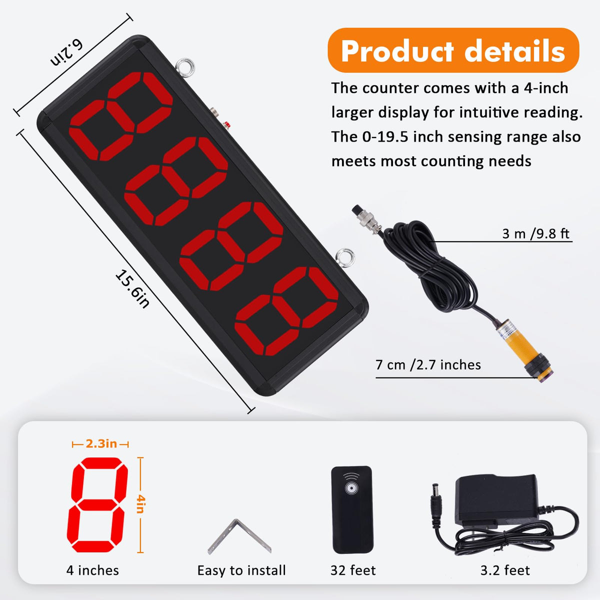JIAWANSHUN Digital Counter 4-inch Large LED Display Counts Up to 9999 Infrared Sensor Counter for Conveyor Belts Automatic Counting Input AC100-240V Output DC12V