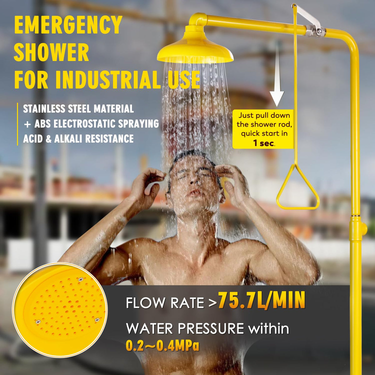 CGOLDENWALL Emergency Shower Eye Wash Station Safty Shower Combination Eye Wash Station with Shower, NPT Thread, with Emergency Sign, 304 Stainless Steel+Yellow Coating