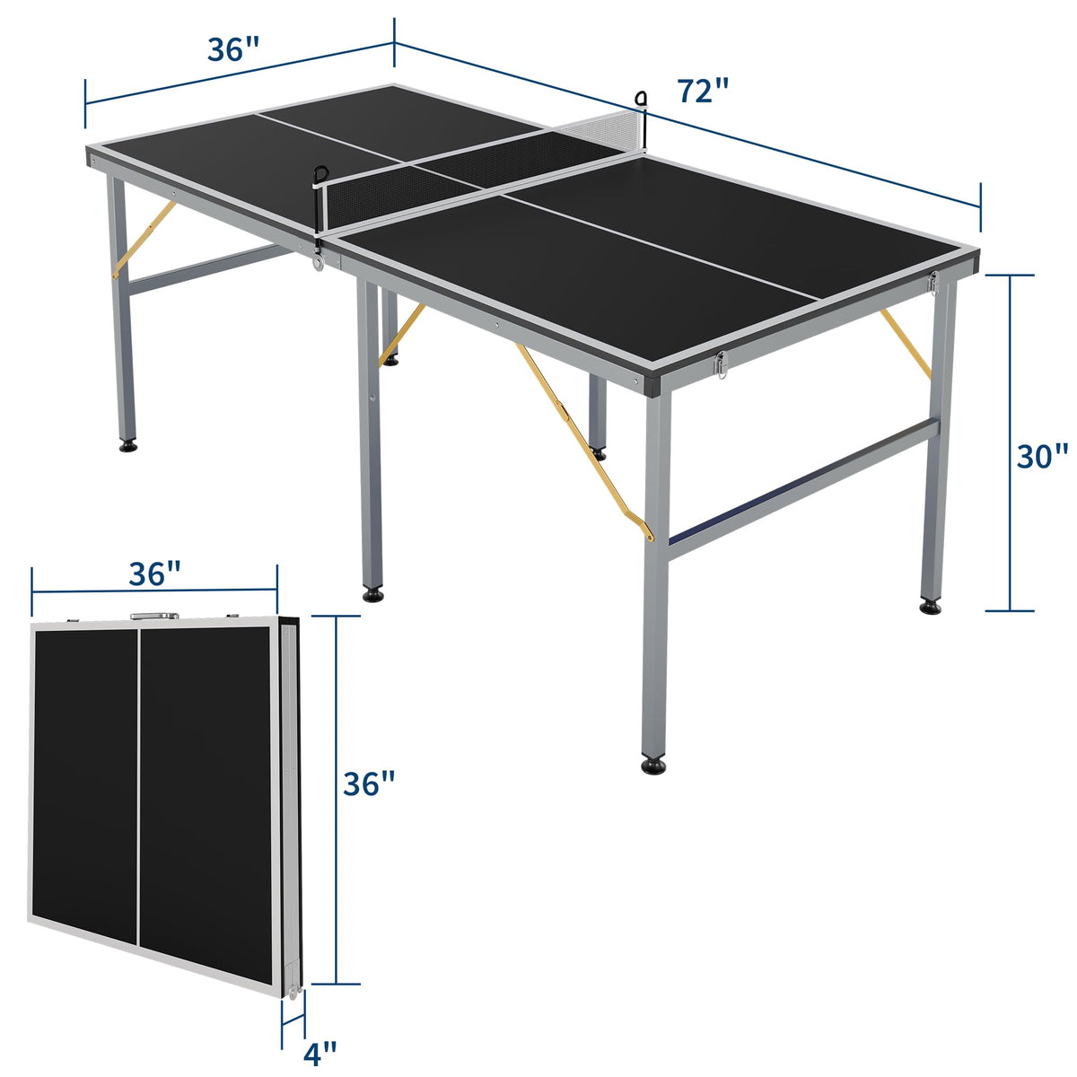 6x3ft Mid-Size Professional Portable Folding Ping Pong Table - Indoor/Outdoor Table Tennis Game Set with Net, 2 Paddles & 4 Balls for Adults and Teens- Quick Assembly