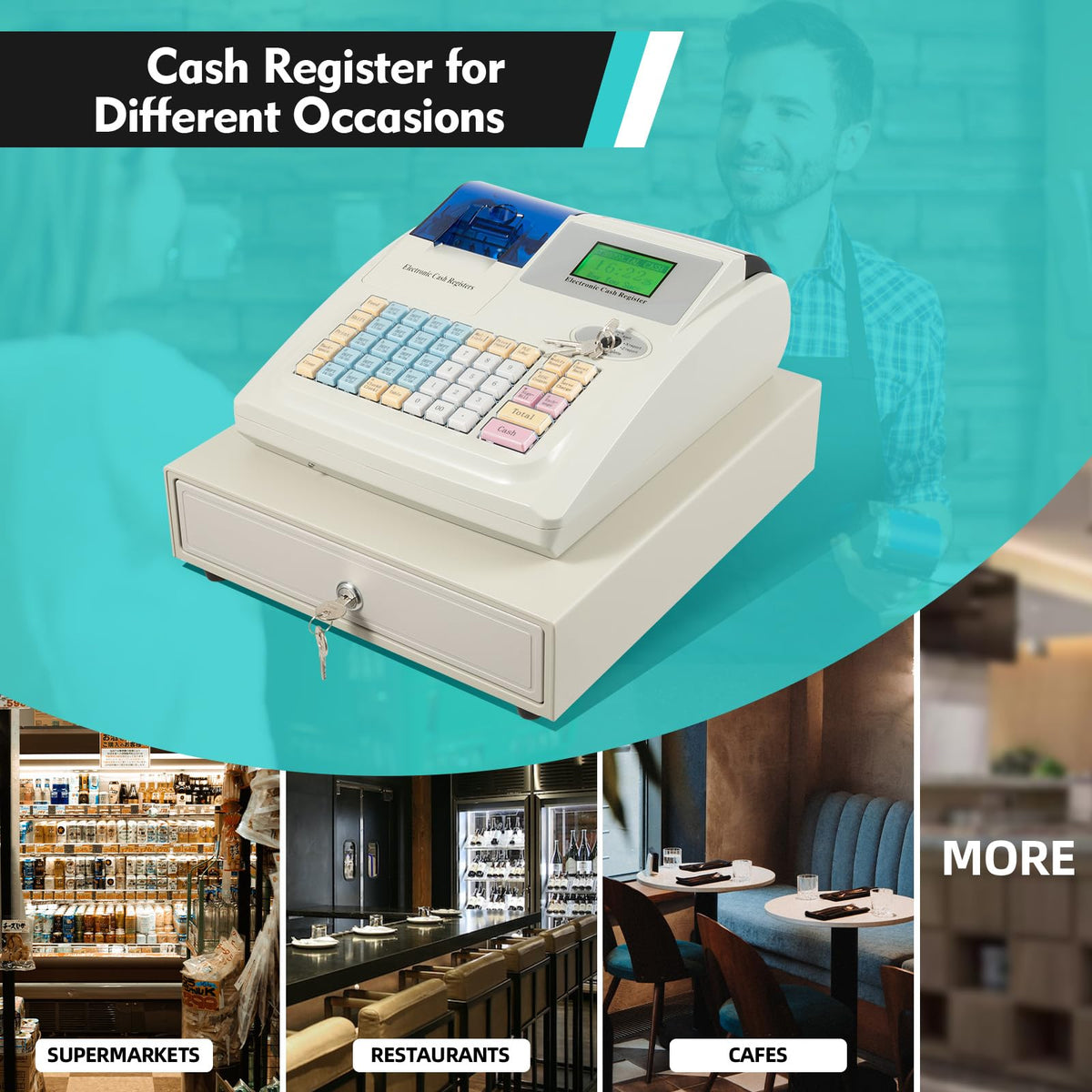Rocoreny Commercial Electronic Cash Register with LED Display and Thermal Printer Function,48 Keyboard,Stainless Steel Drawer Coin Slot Multifunctional Cash Register for Shop (White, 48 Keyboard)