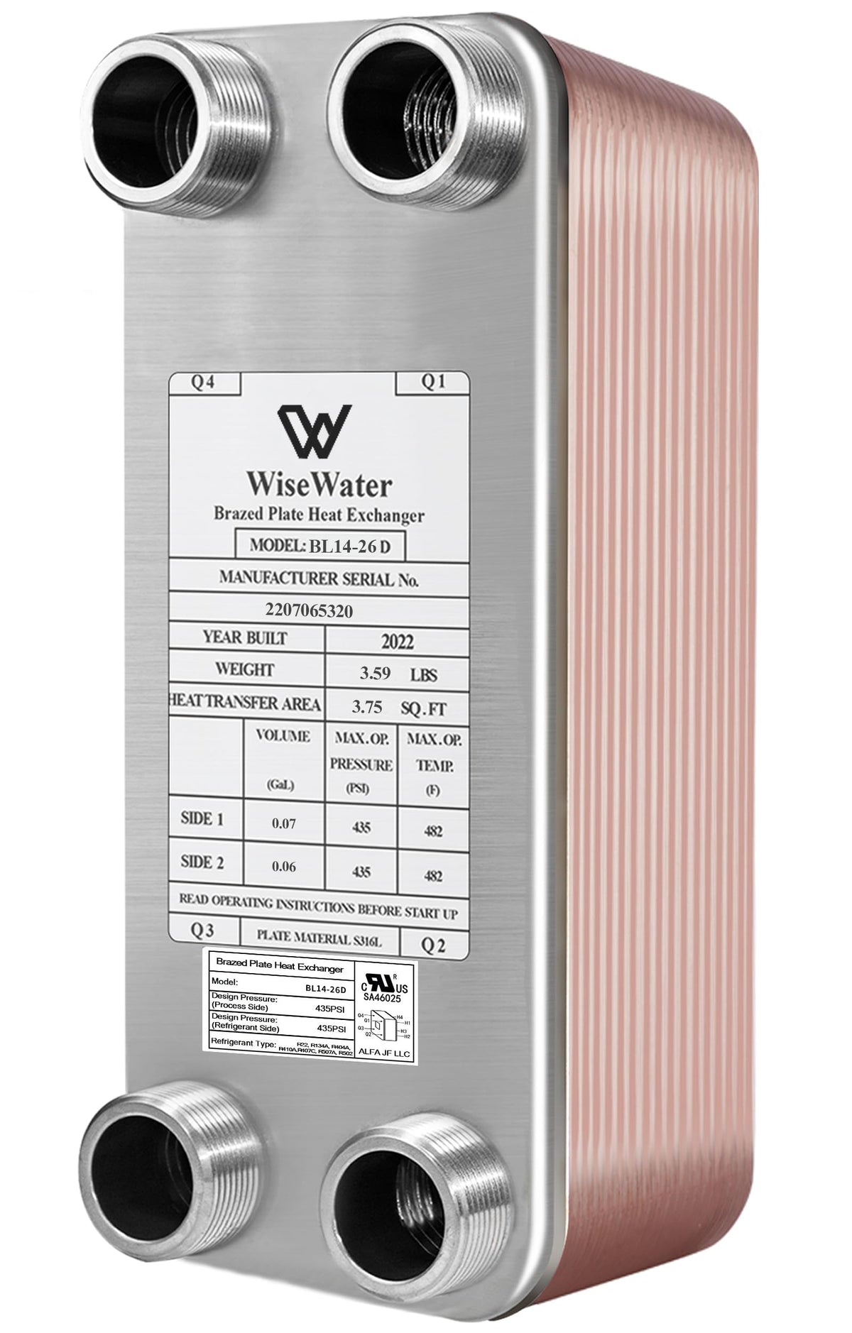 Brazed Plate Heat Exchanger Stainless Steel SS316L 3"x8" 26 Plates 3/4" MPT 210,000 BTU/hr Hydronic Heating