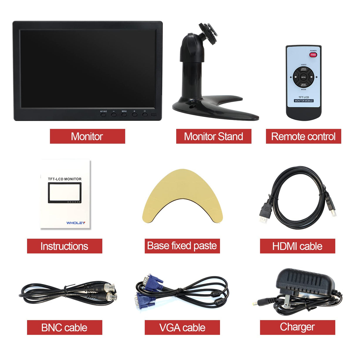 WHOLEV Security Monitor 10.1" FHD CCTV PC Monitor with VGA HDMI BNC AV USB Input Built-in Speaker 178 Wide Angle for Raspberry Pi Game Computer