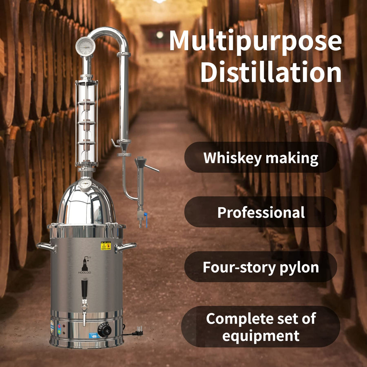 HOOLOO Alcohol Distiller Still for Home Use Kit 304 Stainless Steel Whiskey Making Kit with Thermometer Whiskey Brandy Vodka 6.3Gal (24L) (SV-30-110V)