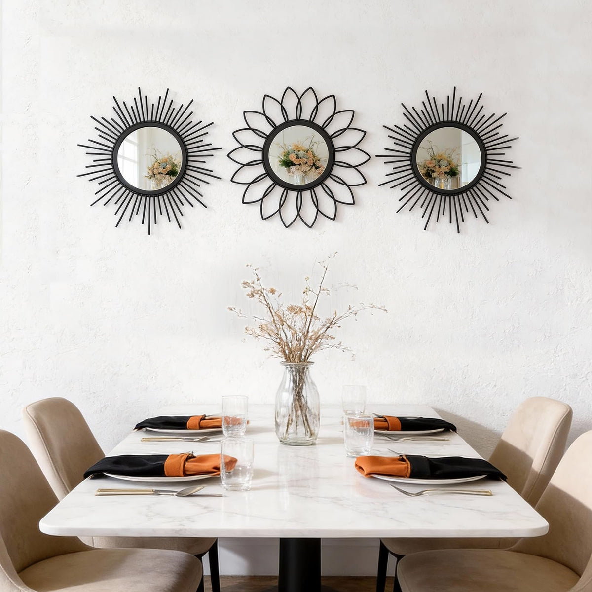 HMANGE Set of 3 Black Metal Sunburst Wall Mirrors - 12" Round Decorative Art for Living Room Bedroom Bathroom Entryway, No Assembly Required, Rust Resistant Design