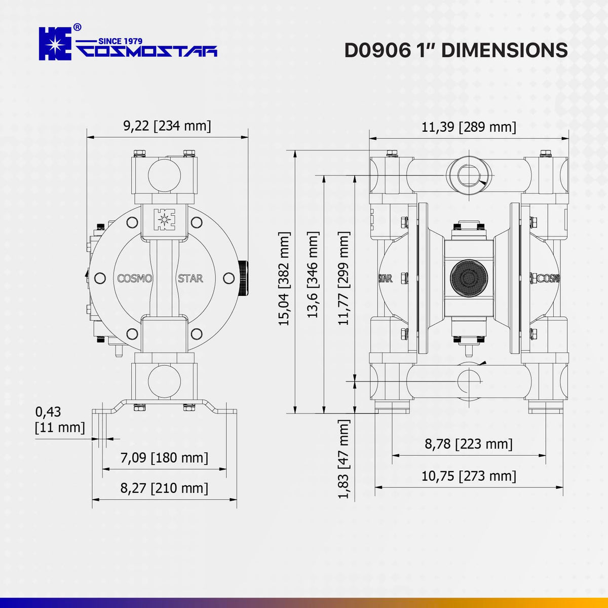COSMOSTAR D0906 1" Double Air Diaphragm Pump - Aluminum Body, Teflon Ball, Seat and Diaphragm With Muffler - Chemical, Waste Oil, Pneumatic Oil Pump