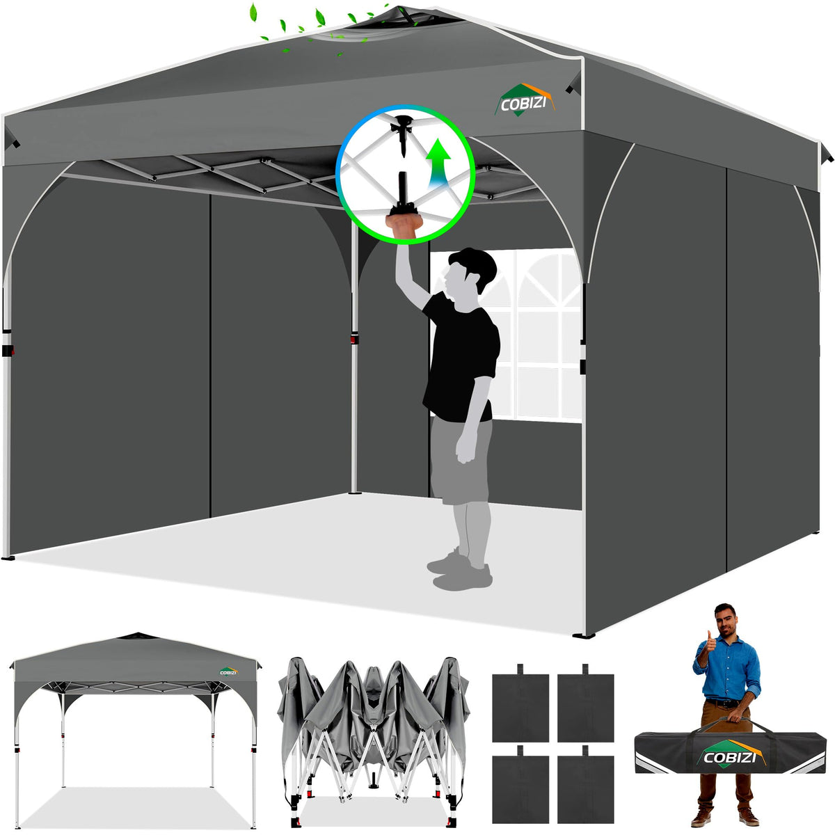 COBIZI Canopy Tent 10x10, Easy Up 10x10 Pop Up Canopy for Party Camping, Party Tents with One Push Central Button Air Vent, Outdoor Gazebo Tent with Sidewalls and Reflective Strip(Grey)