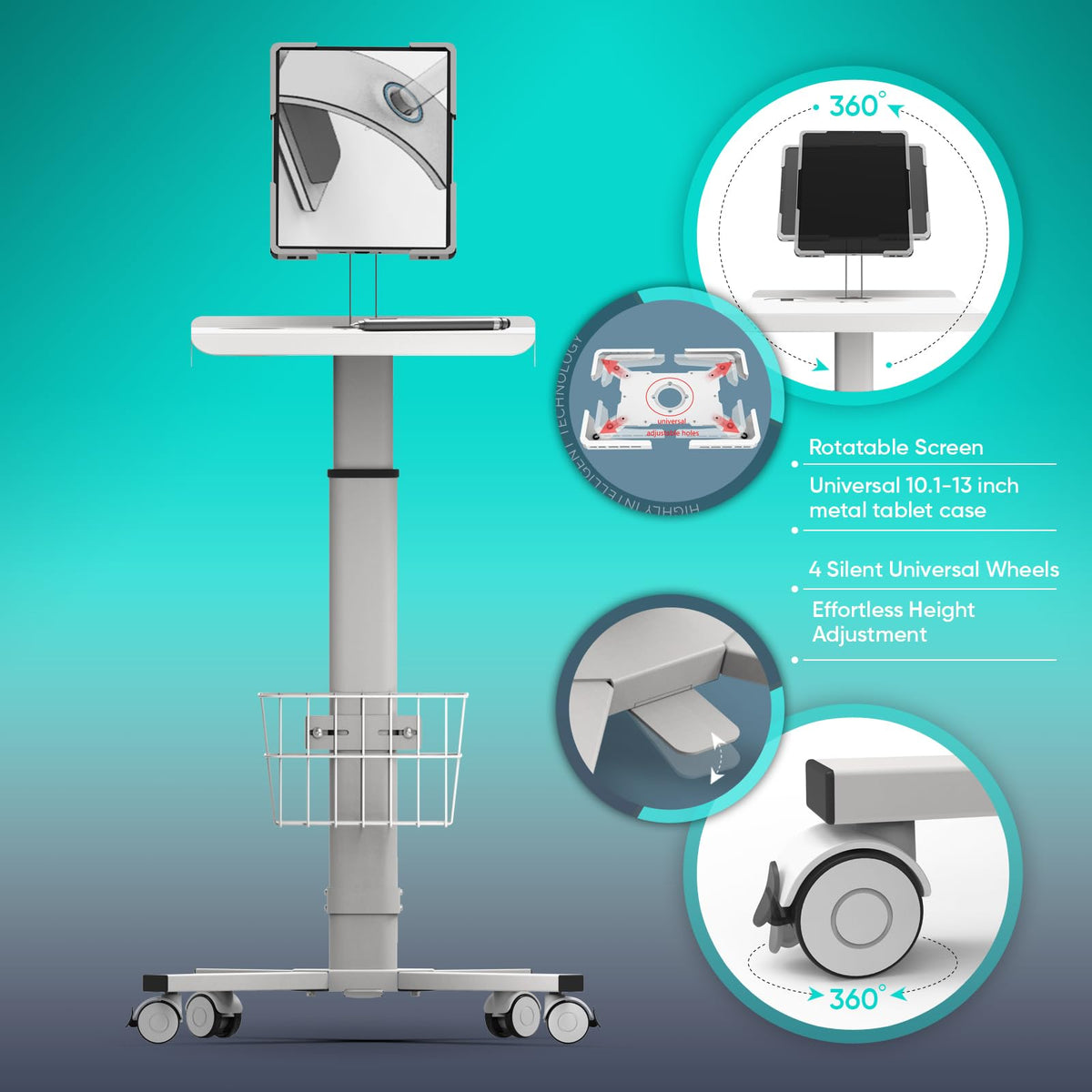 hemsoe Adjustable Rolling Medical Cart: Pneumatic Mobile Workstation with iPad Enclosure for 9.7-13" iPad and Tablet - Ideal for Hospital Dental Clinic Office