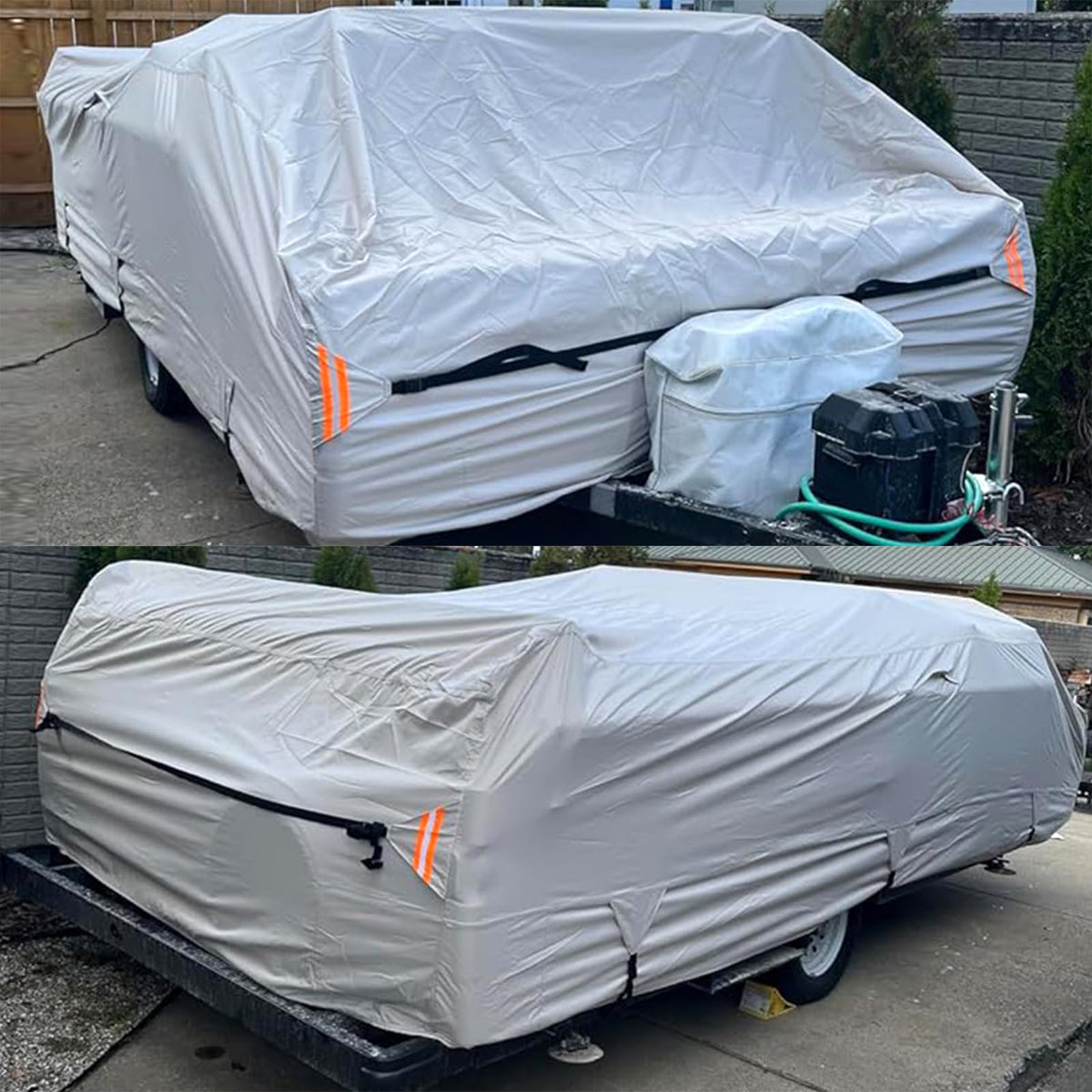 Tuszom True 900D Oxford Anti-Scratch Pop Up Camper Trailer Cover, Upgraded Waterproof Anti-UV Folding Camping RV Cover, Fit 14'-16' with 7 PCS Reinforced Windproof Straps for Motorhome