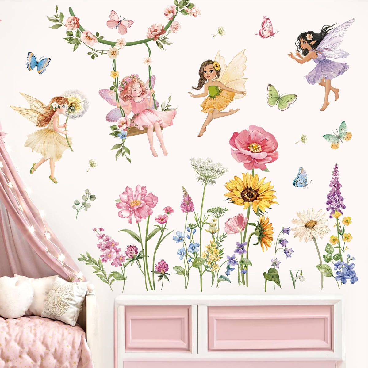 decalmile Flower Fairy Wall Decals Butterfly Girl with Wildflower Sunflower Wall Stickers Girls Bedroom Baby Nursery Kids Room Wall Decor