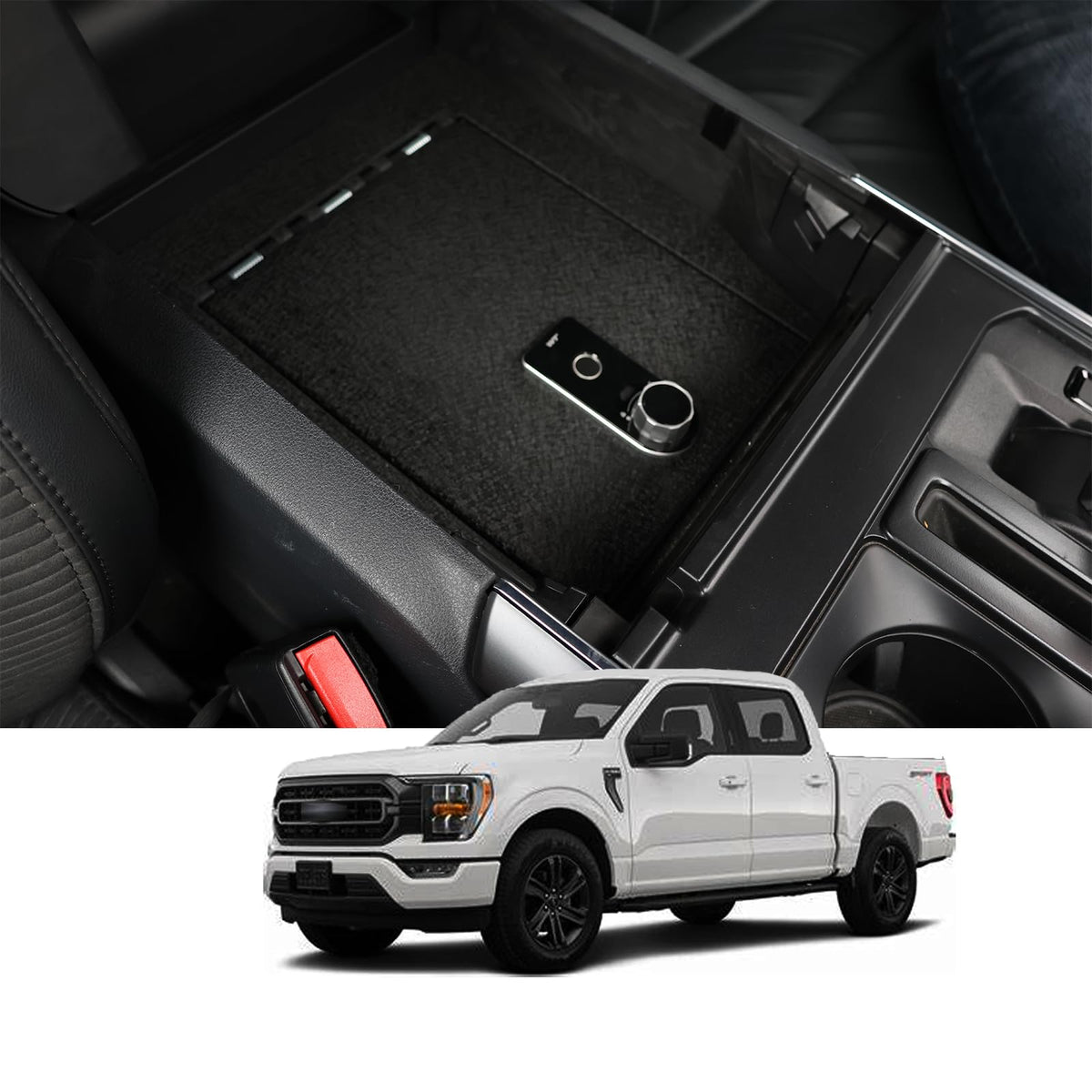 Center Console Gun Safe Vault - WASAI Premium In-vehicle Console Lock Box Compatible with Ford F-150 2021-2024, Fingerprint Lock with Key.