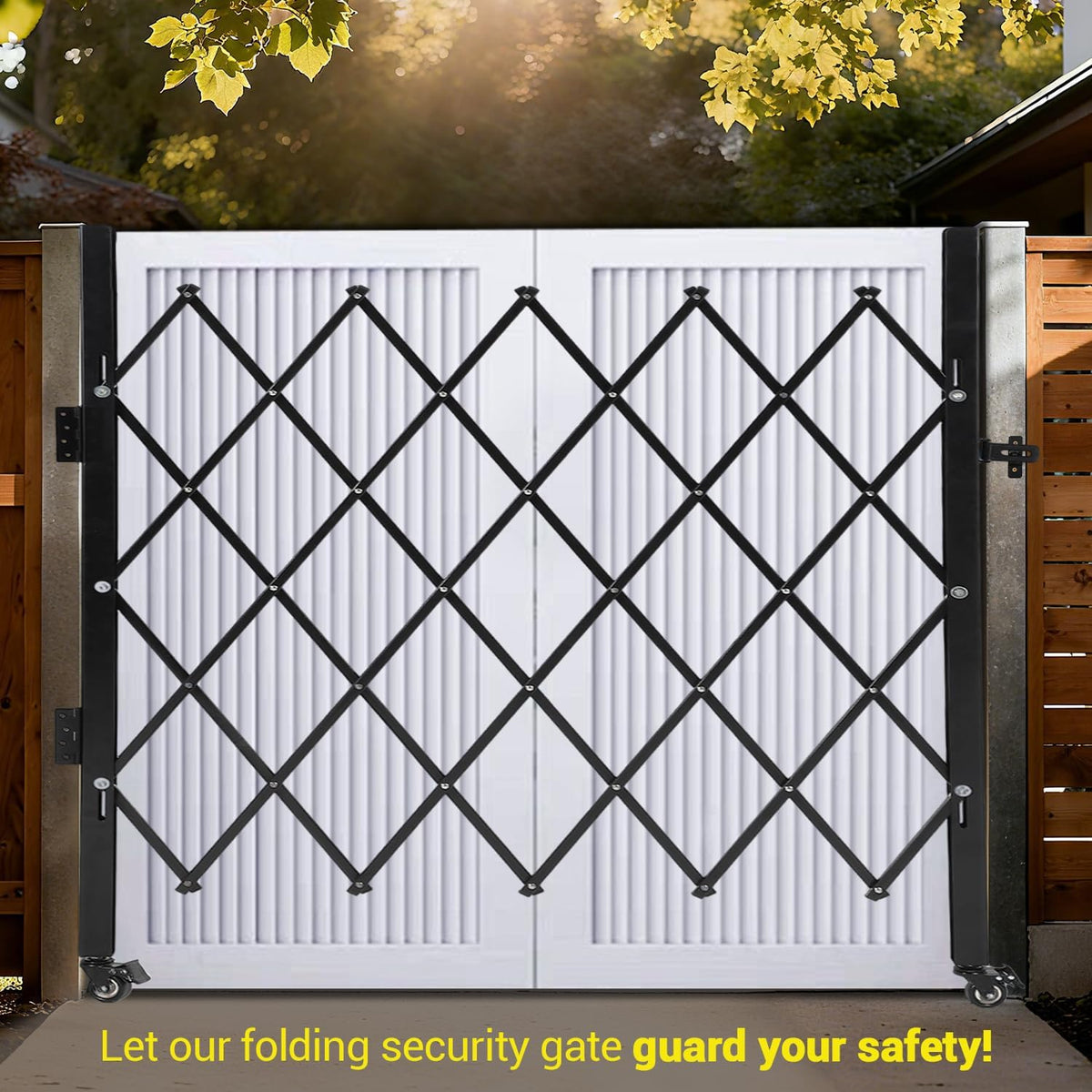 GarveeTech Double Folding Security Gate, 63" H x 122" W Lockable Scissor Gate with 360° Swivel Casters, Heavy-Duty Steel Outdoor Barricade Retractable Gates for Courtyards, Garages, Gardens, Pool