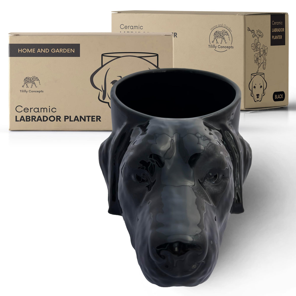 Novelty Labrador Retriever Dog Head Planter w/Drainage, Yellow, Black, Chocolate Lab Mom Dad Gift, Ceramic Pot (Black)