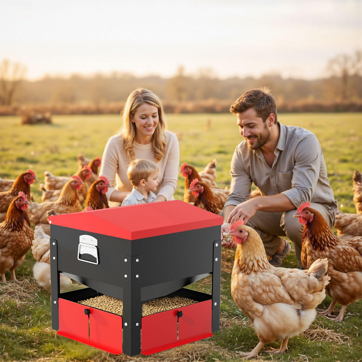 100lbs Automatic Chicken Feeder, Heavy Duty Galvanized Steel Poultry Feeder, Weatherproof & Secure-Lid for Outdoor Use, No Waste & Rodent-Proof for Chickens, Ducks, Turkeys