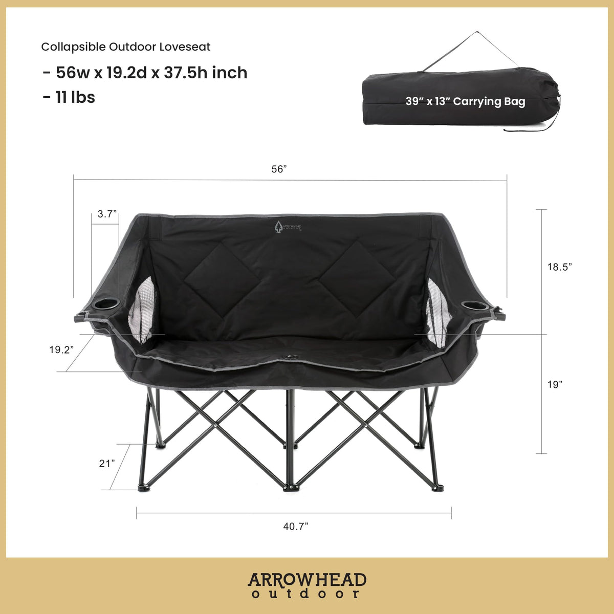 ARROWHEAD OUTDOOR 2-Pack Portable Folding Camp Loveseat Chair w/Glass & Cup Holders, Heavy Duty Carry Bag, 650 lbs Weight Capacity