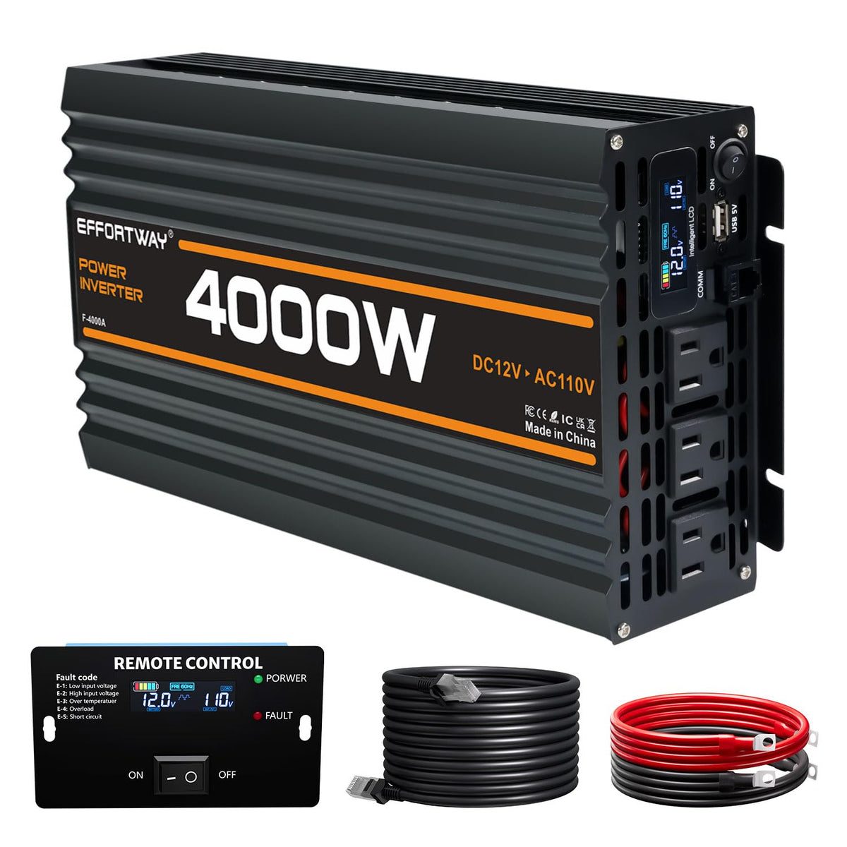 EFFORTWAY 4000W Power Inverter, 12V DC to 110V/120V Modified Sine Wave Inverter with 3 AC Outlets, USB Port, Wired Remote Controller, Car Power Inverter for RV, Truck, Boat, Camping, Off-Grid