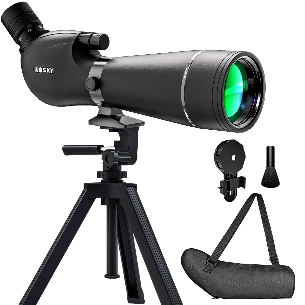 Gosky 20-60x80mm Spotting Scope with Phone Adapter & Tripod - BAK4 Prism Spotter Scope for Bird Watching Wildlife Observing Hiking, Portable with Carrying Bag and Cleaning Kits