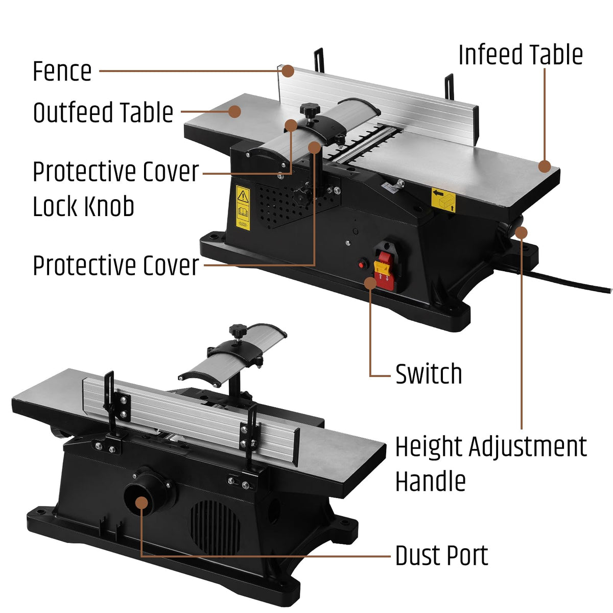WOODSTARTER 6-Inch Benchtop Jointer with 15 Amp Motor, 12000 RPM Cutting Speed, Adjustable Fence 90–135°, Up to 1/8" Depth, HSS Blades, Table Jointer To for Woodworking DIY