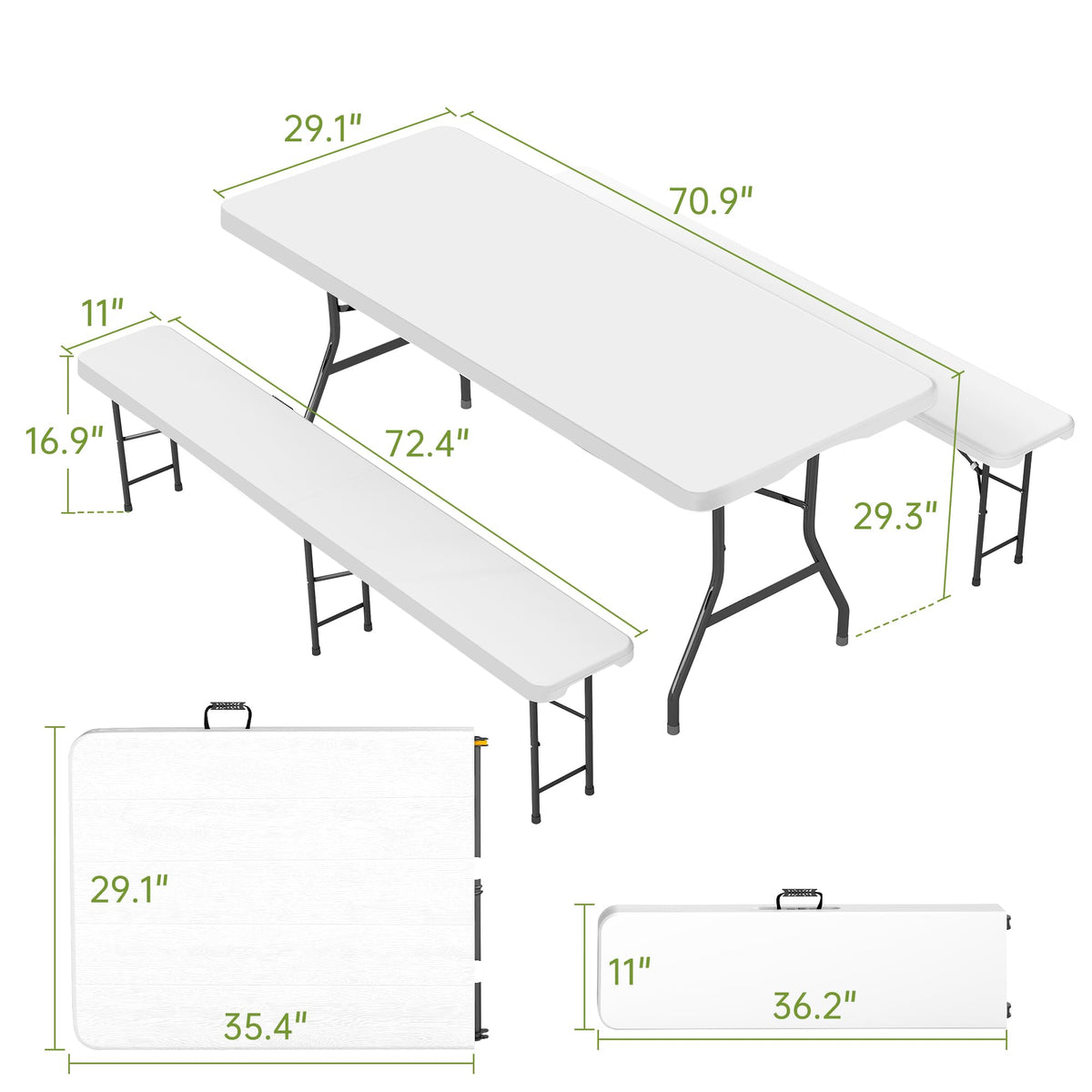 Real Relax 6' Picnic Table with 2 Benches, 3 Piece White Portable HDPE Folding Camping Table and Benches for Courtyard, Garden, Outdoor Leisure, Party