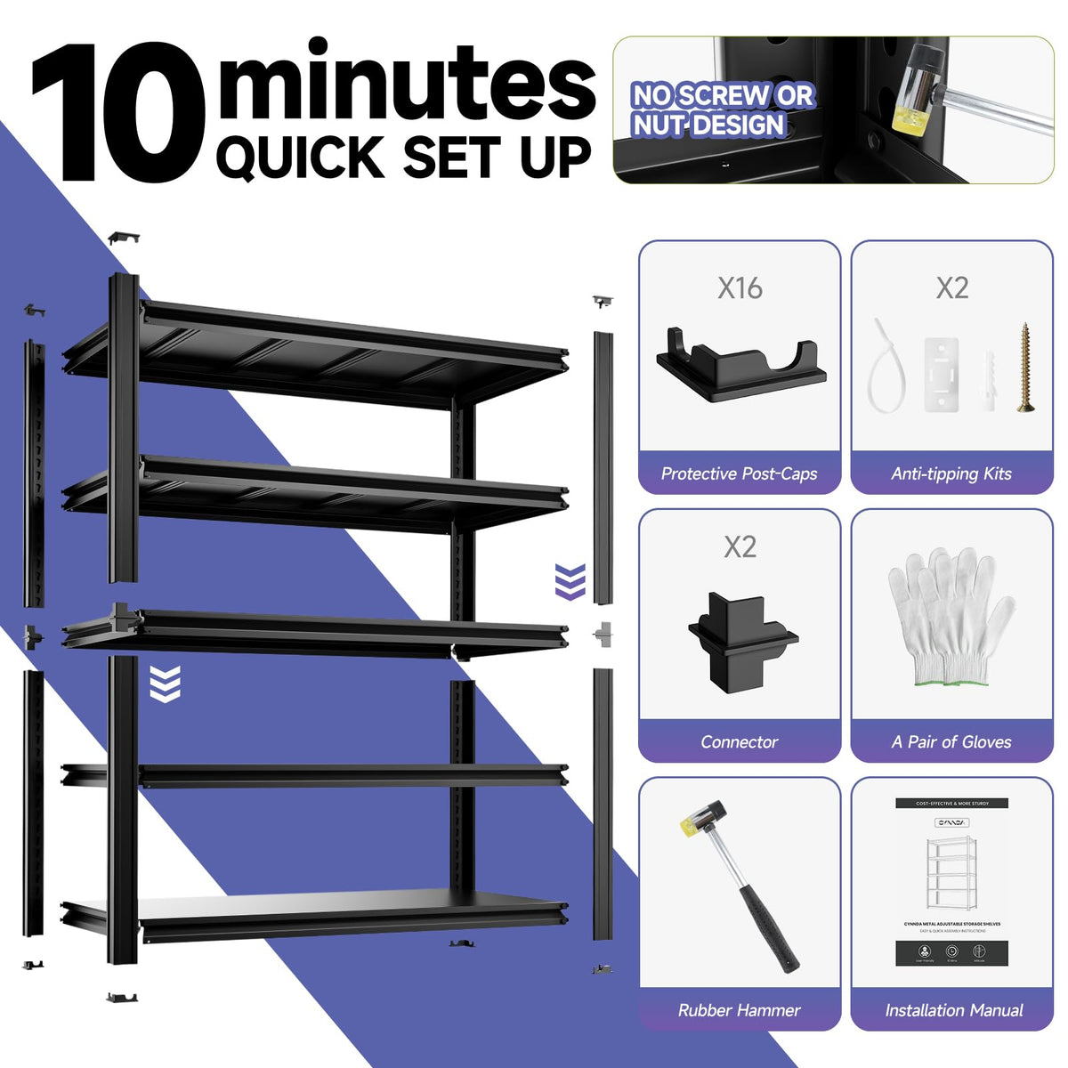 cynnda 5-Tier 40”W X 20”D X 72”H Heavy Duty Garage Storage Shelves 2500LBS Basement Shelving Heavy Duty Adjustable Unit Rack Metal Rack(Black)