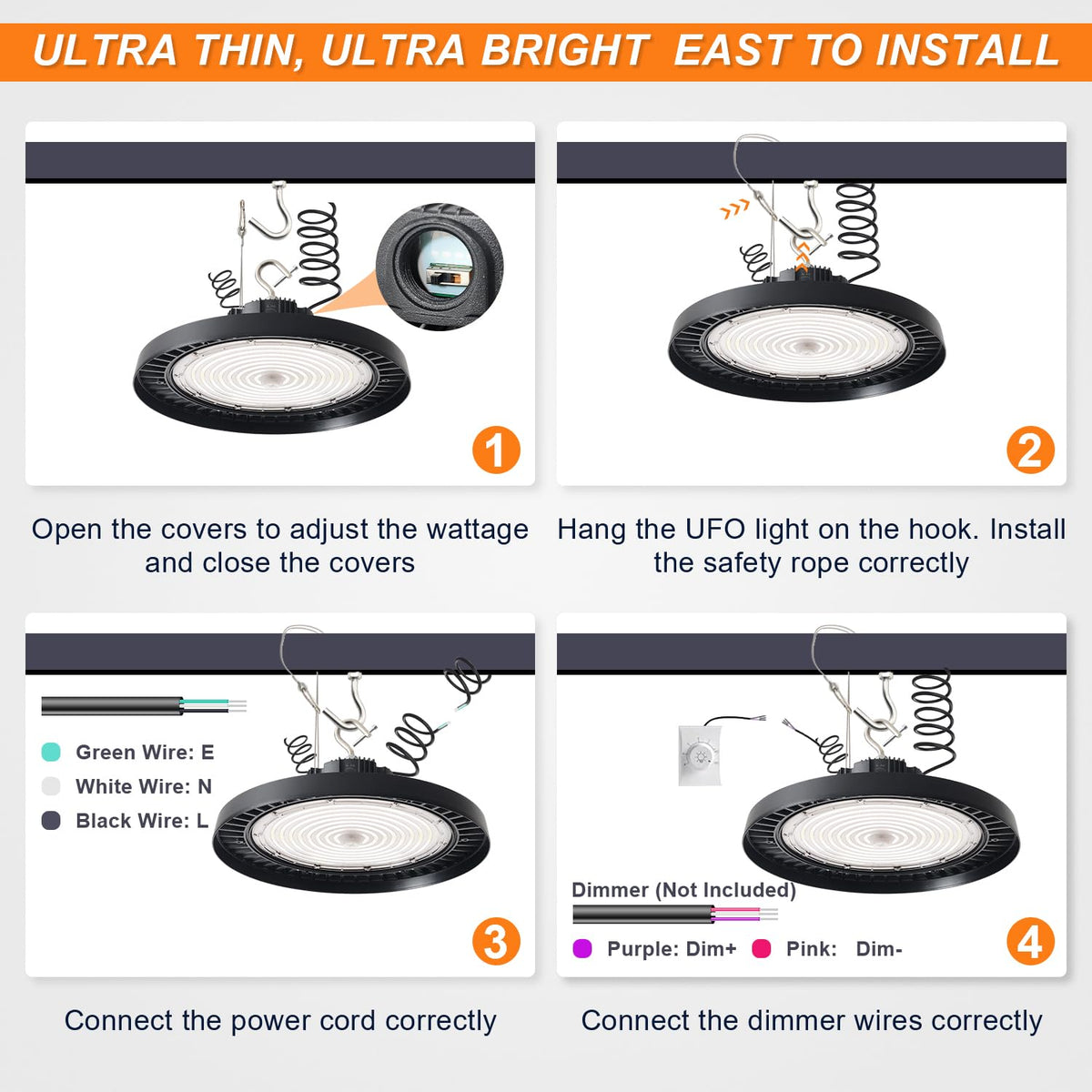 480V UFO LED High Bay Light 240W 200W 180W Adjustable, 0-10V Dimmable 5000K High Bay LED Shop Lights (1000W MH/HPS Equivalent), IP65 Commercial Bay Lighting for Warehouse Factory, AC 277-480V
