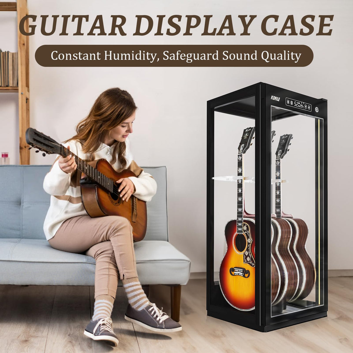 Guitar Display Case with Humidification & Constant Temperature, Smart Touch Control & Fingerprint Lock, Adjustable Racks for 3 Acoustic/4 Electric,GuitarsTransparent Cabinet (Four-sided glass)