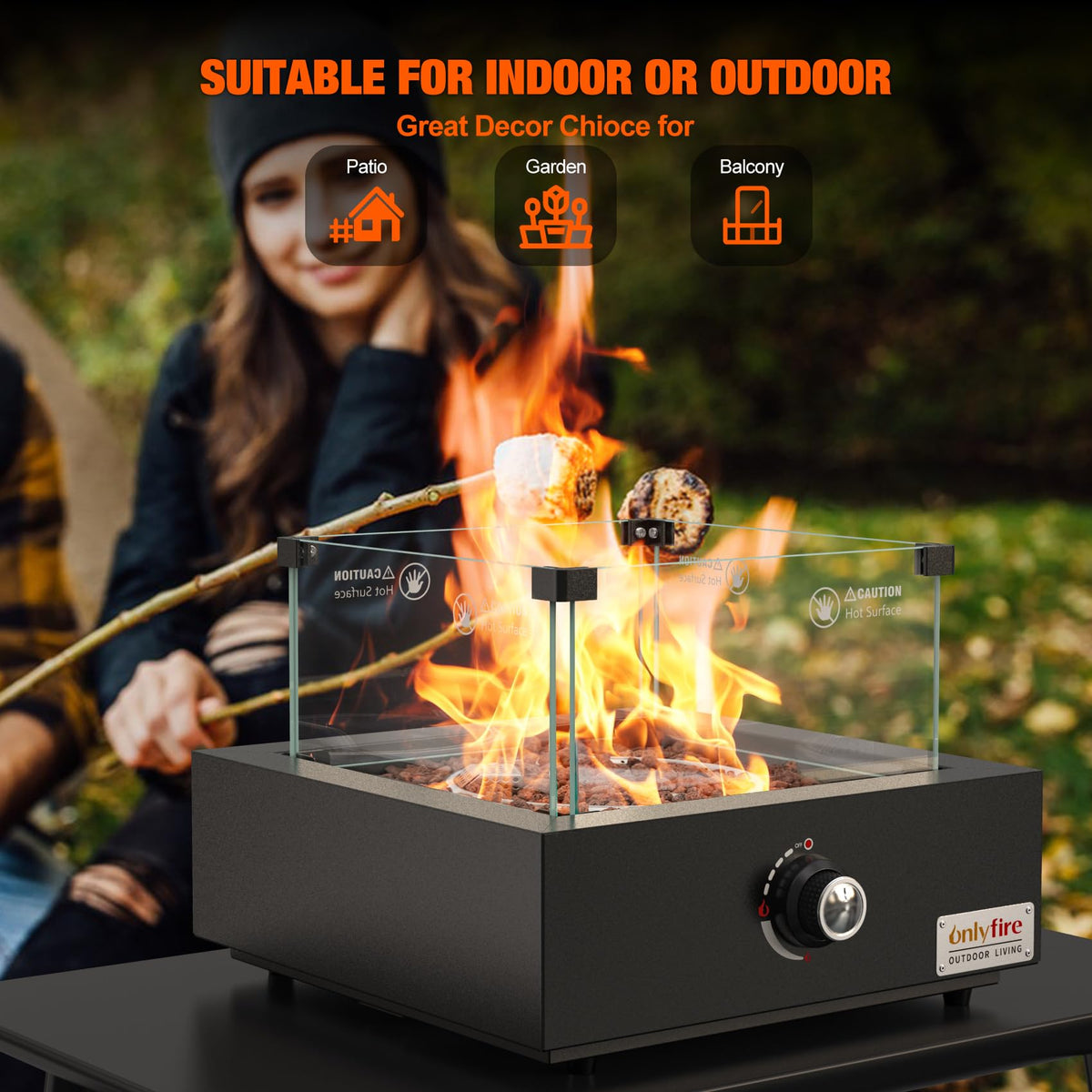 ONLYFIRE OUTDOOR LIVING 15.7" Portable Propane Gas Fire Pit Side-Mounted, Modern Tabletop Fireplace Smokeless Firepit with Glass Wind Guard for Patio Camping RV Tailgating, 23000BTU, Square FP040