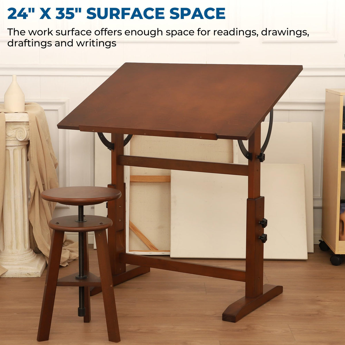 VISWIN Wood Drafting Table for Adults, 24'' x 35" Drawing Table with Adjustable Height & Angle for Art Studio, Solid Pine Wood Artist Desk for Drawing, Drafting, Writing, Reading, Sketching