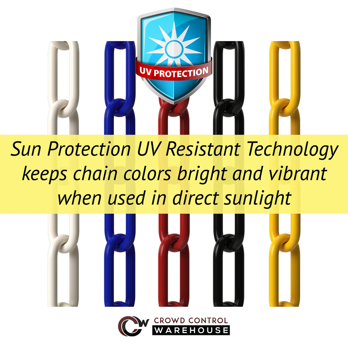 Montour Line Plastic Stanchion Yellow 2.5 Inch Diameter with 50 Foot Chain, 6-Pack, Crowd Control Barriers