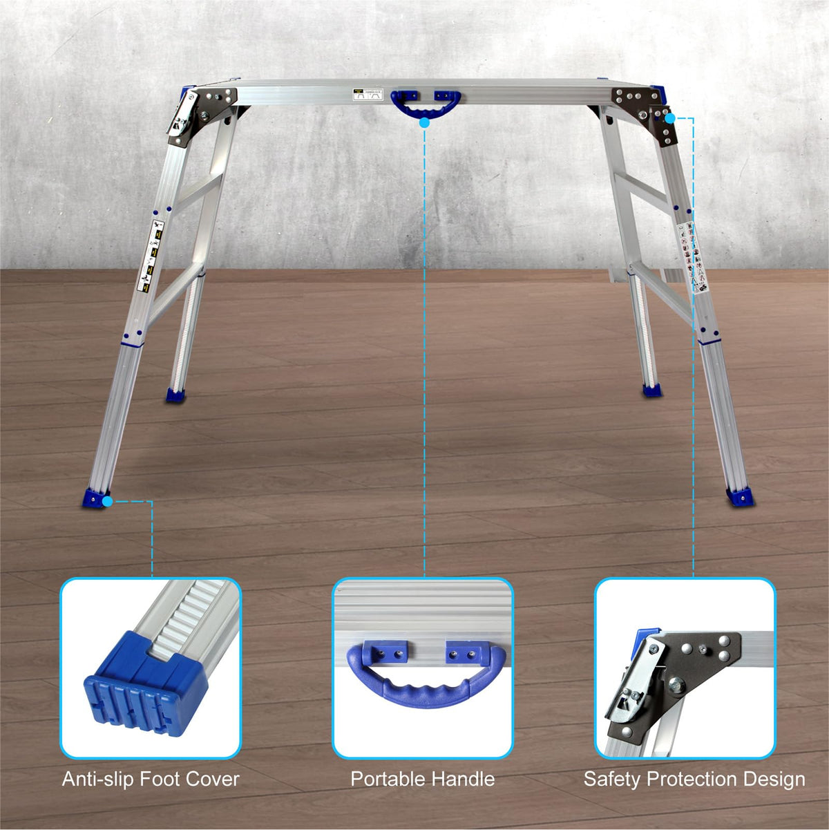 LEADALLWAY Adjustable Work Platform (47"x20") Ultra-Wide Portable Folding Aluminum Work Platform 330 Lbs Capacity 50 Gear Adjustable Height 27.5 to 37 inches