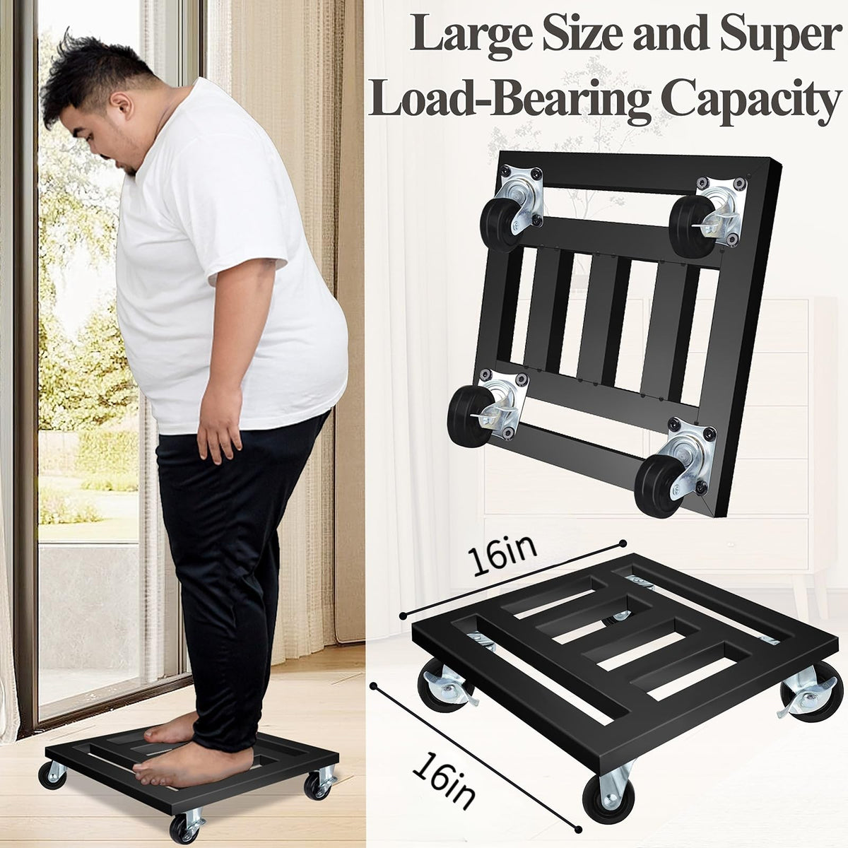 LUBORN Heavy Duty Plant Caddy with Wheels, 16'' Metal Rolling Plant Stand Indoor Outdoor, 2 pcs Square Plant Dolly with Lockable Caster Wheels Holds up 400 Lbs Planter (Black)