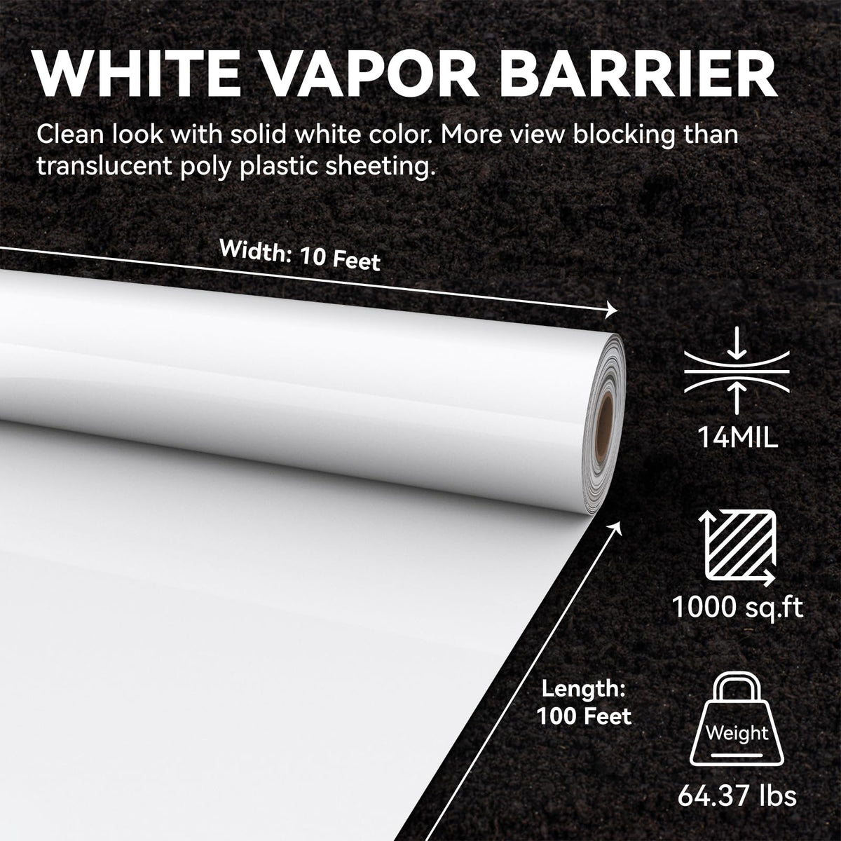 Spirecover Crawl Space Vapor Barrier - 14 Mil White Vapor Barrier, 10' x 100', Heavy Duty Polyethylene Film, Thick Plastic Sheeting, Plastic Drop Cloth Covering for Crawl Space, Basement