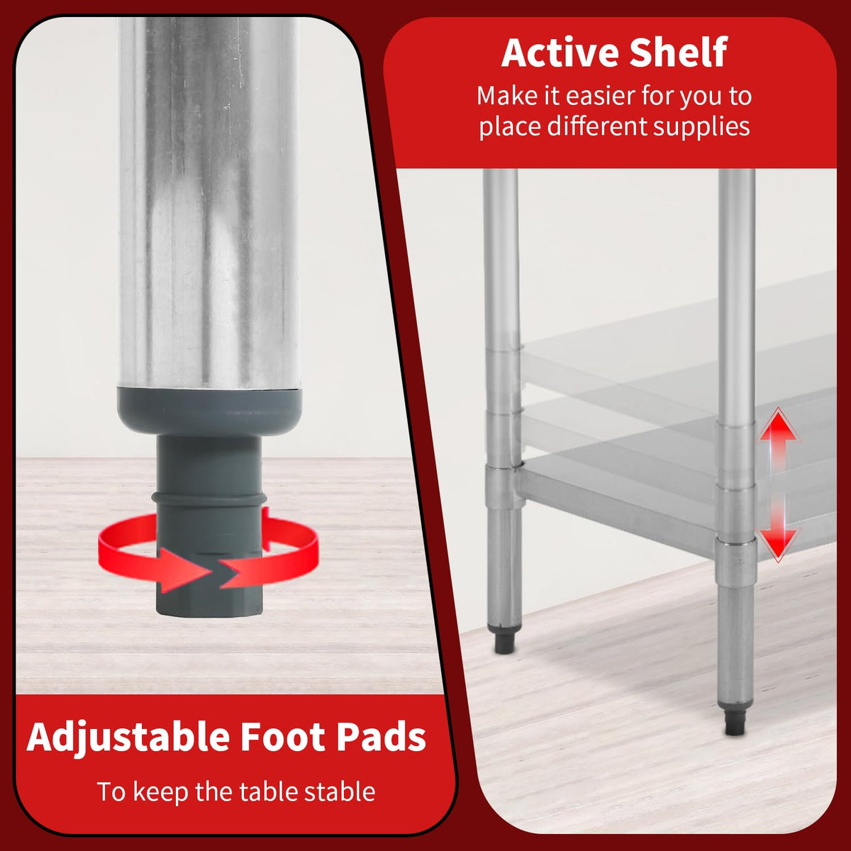 FDW Stainless Steel Table for Prep & Work 24 x 60 Inches, Commercial Heavy Duty Table with Undershelf and Adjustable Legs Food Prep Worktable for Restaurant, Kitchen