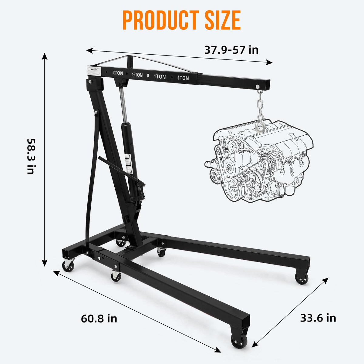 Garvee 2 Ton Engine Hoist, Hydraulic Cherry Picker Engine Crane, Heavy Duty Folding Shop Crane with 6 Casters, Engine Lift for Garage, Workshop, Black