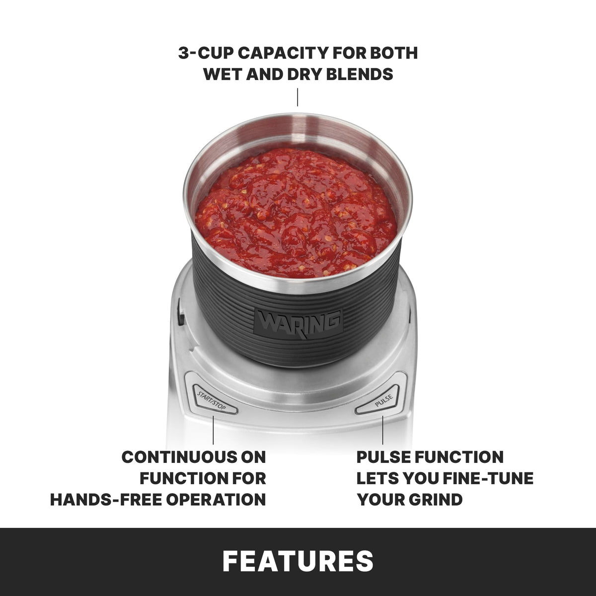 Waring Commercial Electric Spice Grinder, 3-Cup Capacity, Stainless Steel Blades, Dry & Wet, Spices, Pastes, Sauces, Whipped Cream, Herb blends, WSG60
