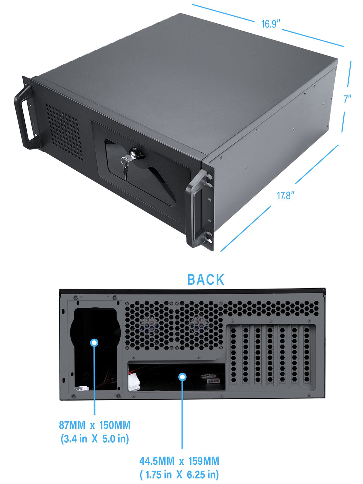 Rosewill 4U Server Chassis Rackmount Case | 7 x 3.5 Bays, 2 x 5.25 Devices| ATX, CEB Compatible | 1 x 120mm PWM Fan, 2 x 80mm PWM Fans | 2 x USB 3.0 | Front Panel Lock and Key | - RSV-R4100U