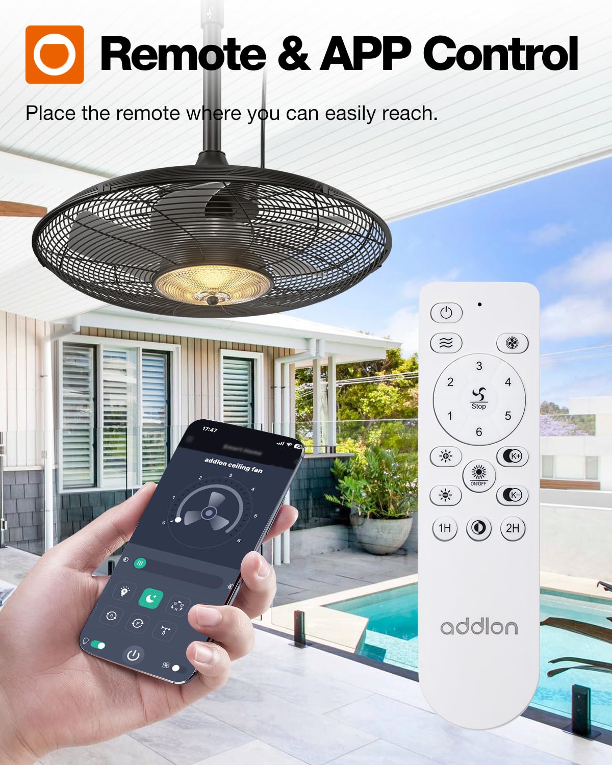 addlon 50FT Solar String Lights for Outside G50 Waterproof with USB Port Solar Patio Lights Outdoor Solar Powered LED Bulbs 3 Light Modes & 20 Inch Outdoor Ceiling Fans with Lights for Patios