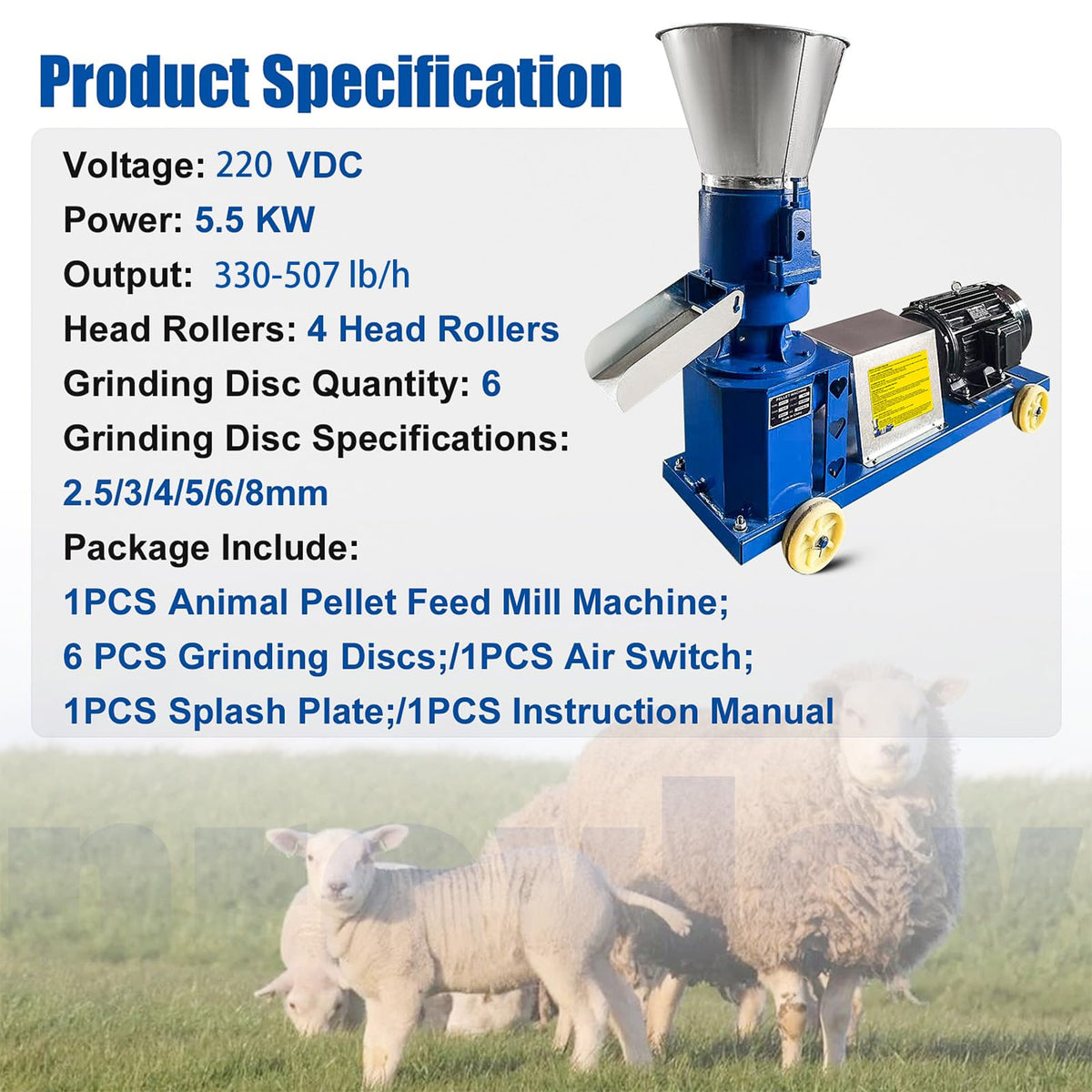 220V Feed Pellet Machine 4 Head Rollers Pellet Feed Mill Machine Animal Feed with 6 Grinding Discs 2.5/3/4/5/6/8mm Feed Pellet Maker for Poultry Livestock Farm Animal 5.5KW 507 lb/h