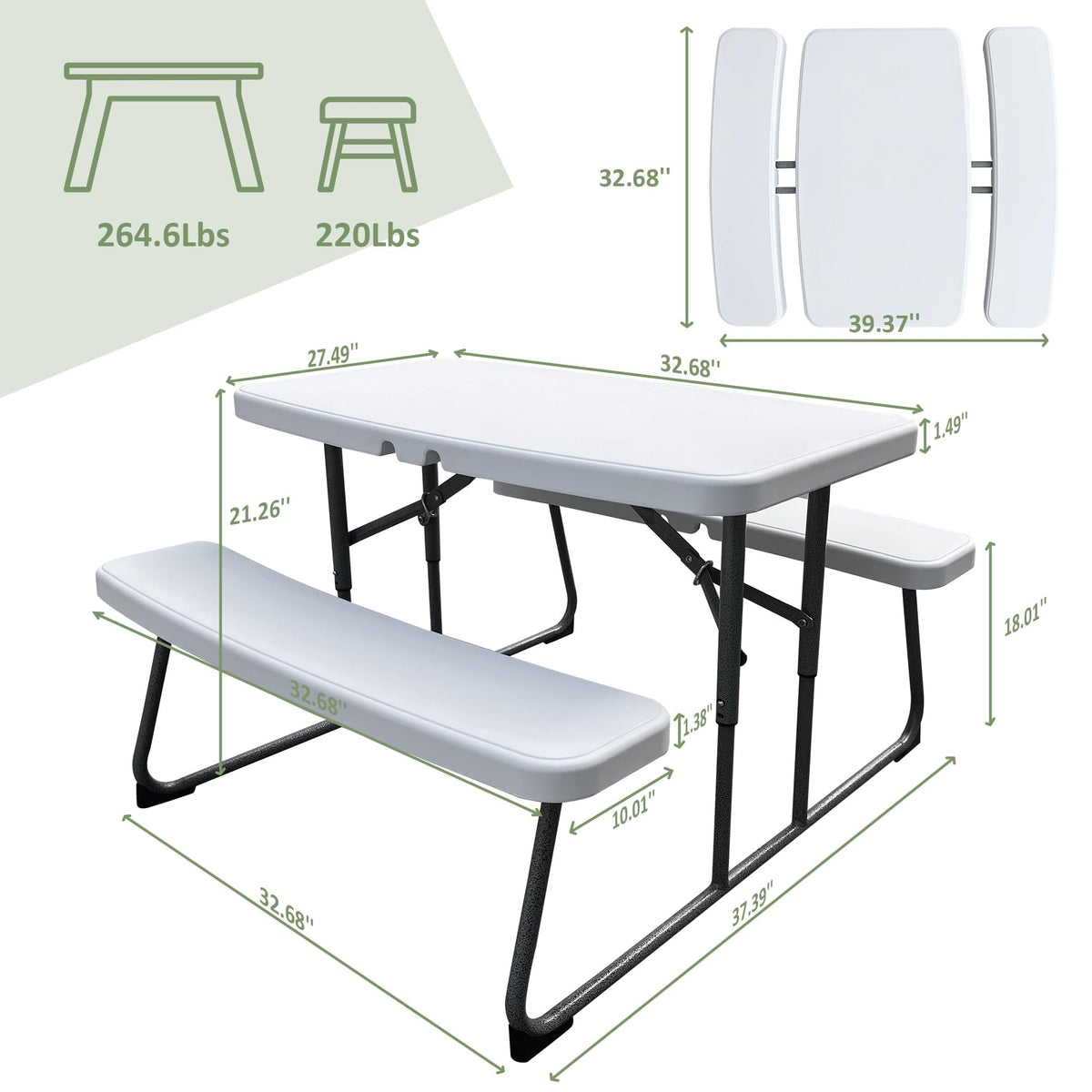 Elevon Kids Folding Picnic Table with Benches, Outdoor Picnic Table HDPE Tabletop & Steel Frame, Ideal for Yard Patio Lawn Party, White