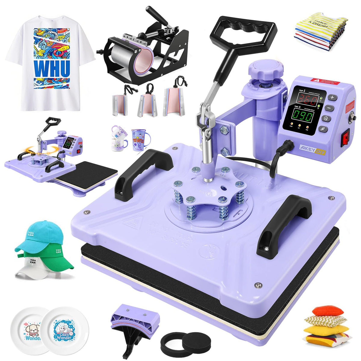 AKEYDIY Upgraded Heat Press Machine 8 in 1 Combo,Digital Multifunction Shirt Press Machine for T Shirts12 X15 Sublimation Machine 360-Degree Swing Away Dual-Tube Heating for DIY T-Shirts Cap & Mugs
