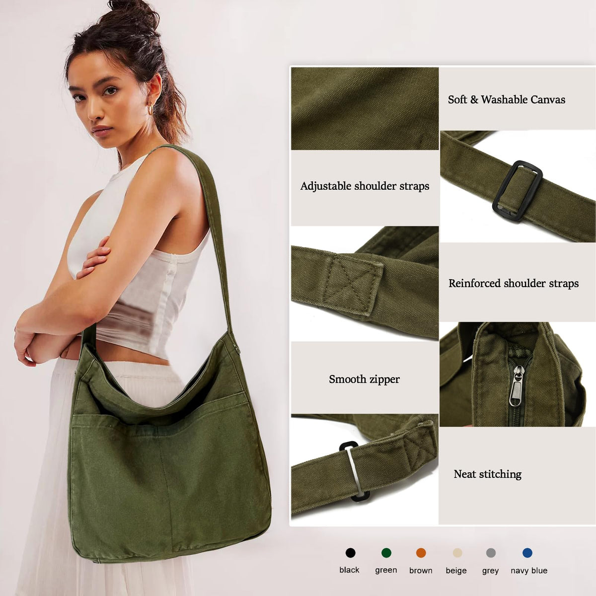 DAINAOTM Canvas Tote Bag Casual Hobo Crossbody Shoulder Bag for Women and Men Large Purse Messenger Bag Travel Work